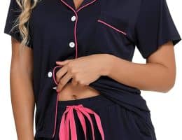 FERDAT Pajama Set Women's Soft And Comfy Button Down PJ Set Short Sleeve Night Shirts S-XXL