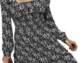 Vershow Womens Casual Retro Square Neck Long Sleeve Printed Dress