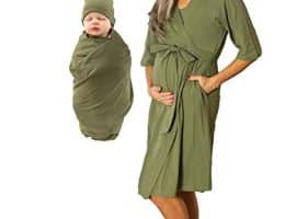 Baby Be Mine Maternity Mommy & Me Delivery Robe with Matching Baby Swaddle Blanket & Hat Set