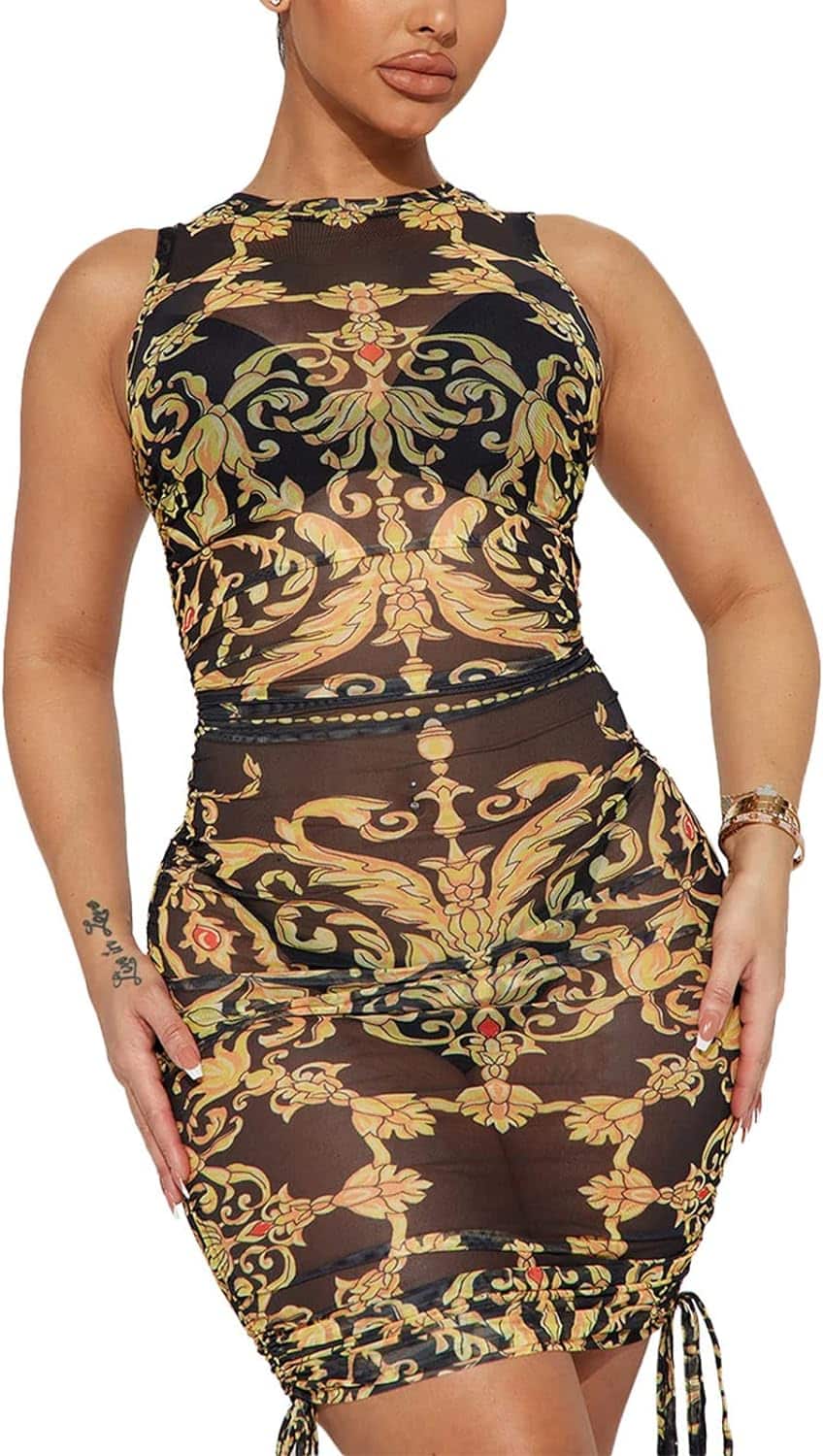Hoefirm Women Sexy Printed Sheer Mesh Midi Dress: A Stunning Addition to Your Party Wardrobe